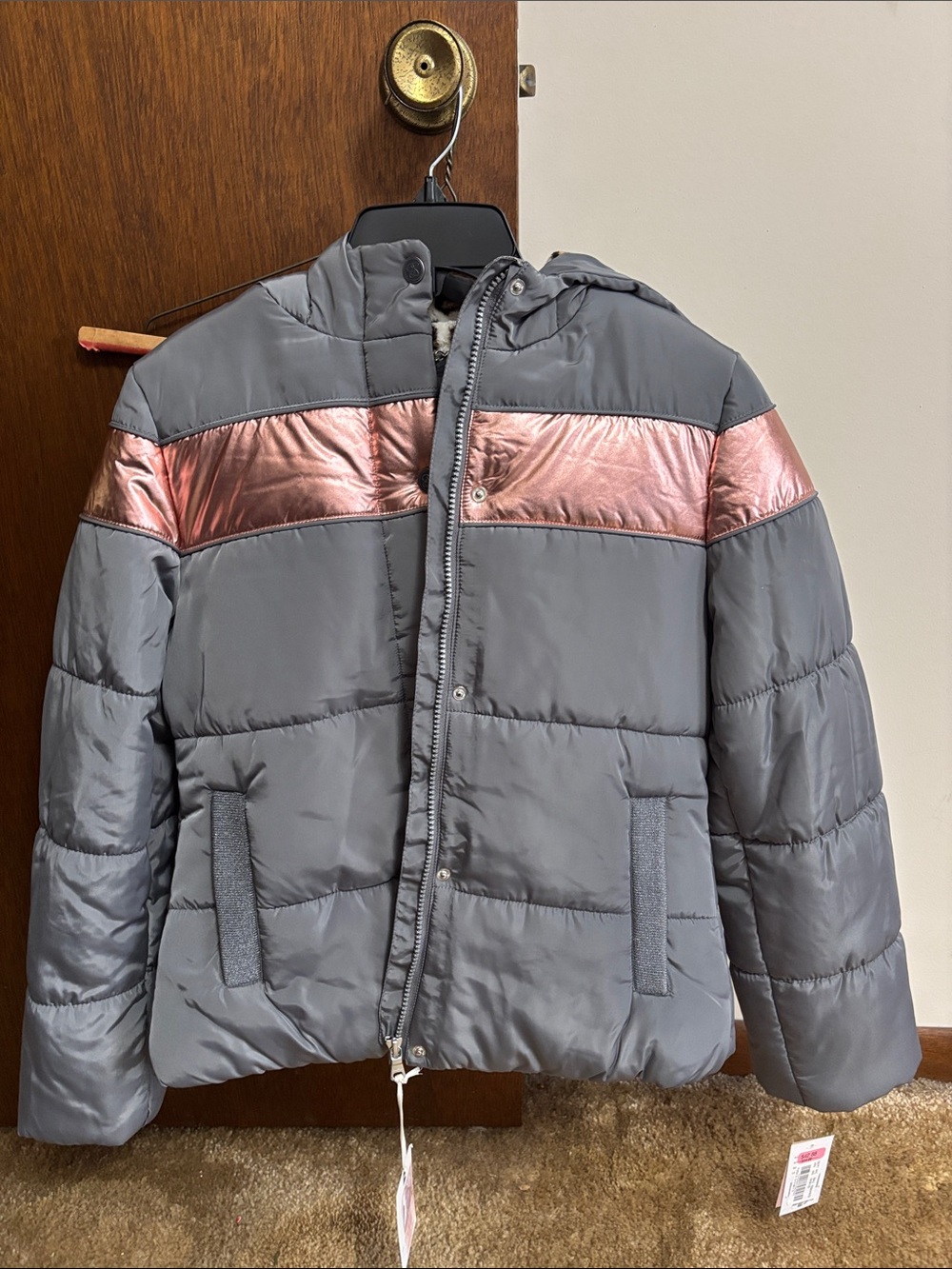 Jessica Simpson Gray Puffer Jacket with Metallic Pink Chest Stripe